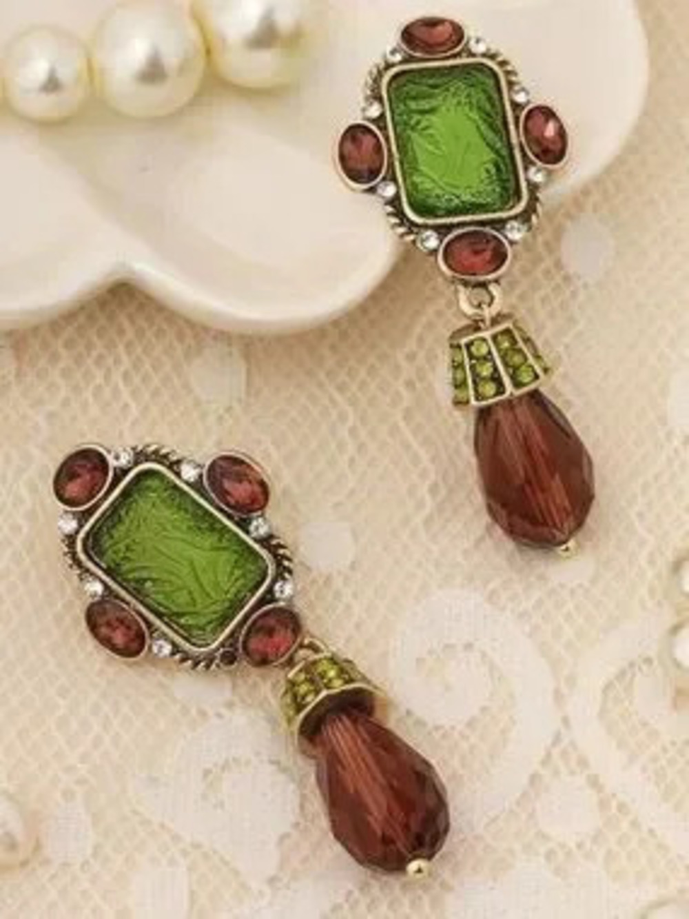 Anthropologie Green and Brown Glass Drop Earrings